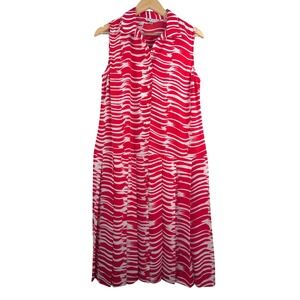 CAbi Brushstroke sleeveless button-front drop waist pleated midi dress 90s sz M